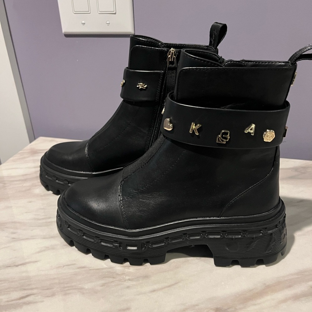 Karl Lagerfeld Black Women's Platform Ankle Boots with Decorative Metal Accent